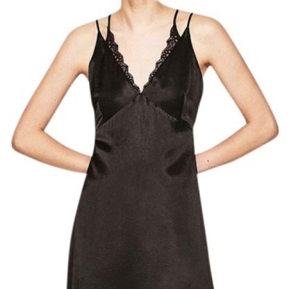 Zara | Dresses | Zara Black Satin Dress Lace Neck Detail Size Xs | Poshmark